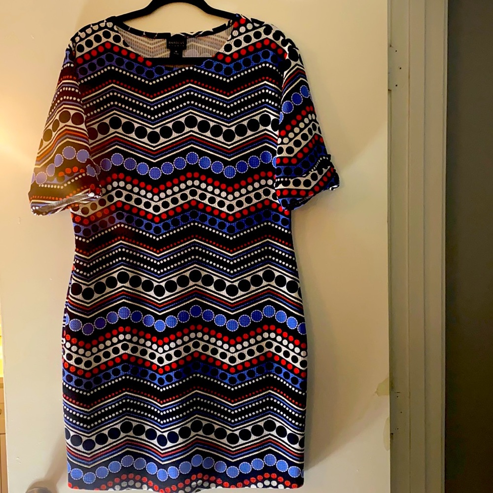 Dress with blue,red, and white polka dots